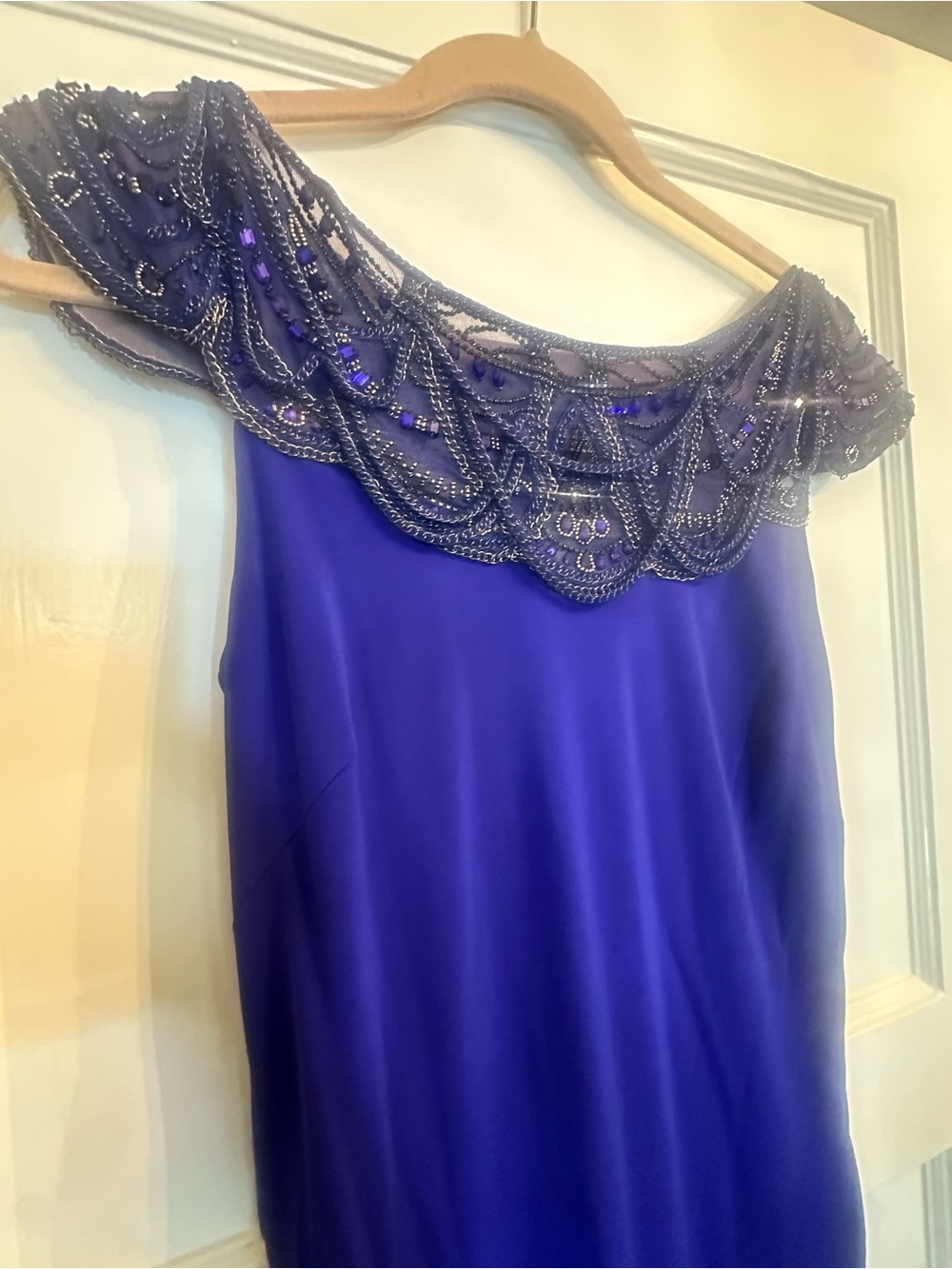 Badgley Mischka Beaded Elegant Maxi Gown in Deep Blue Purple